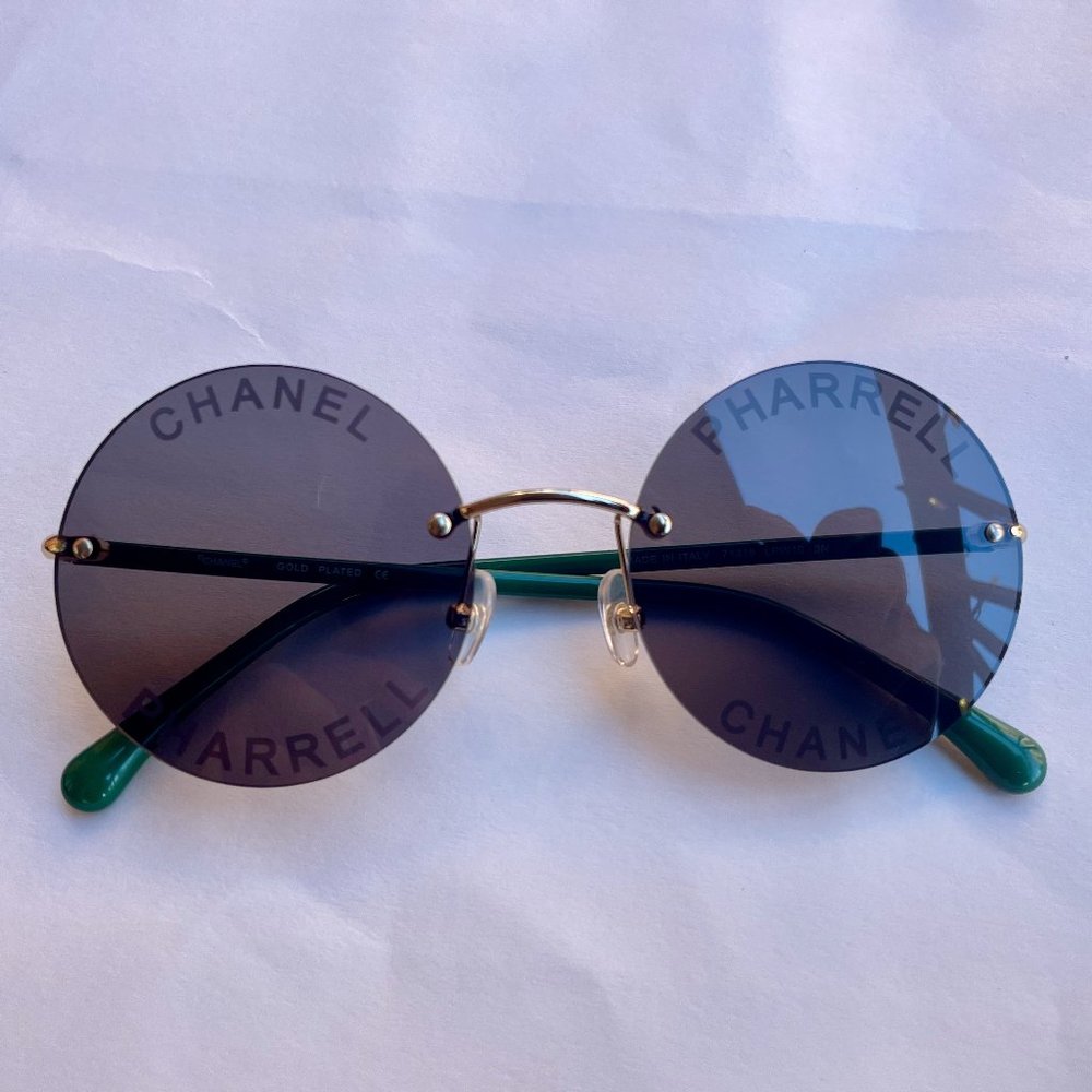 Auth CHANEL x Pharrell Williams Collection Rimless Round Sunglasses Black/Green